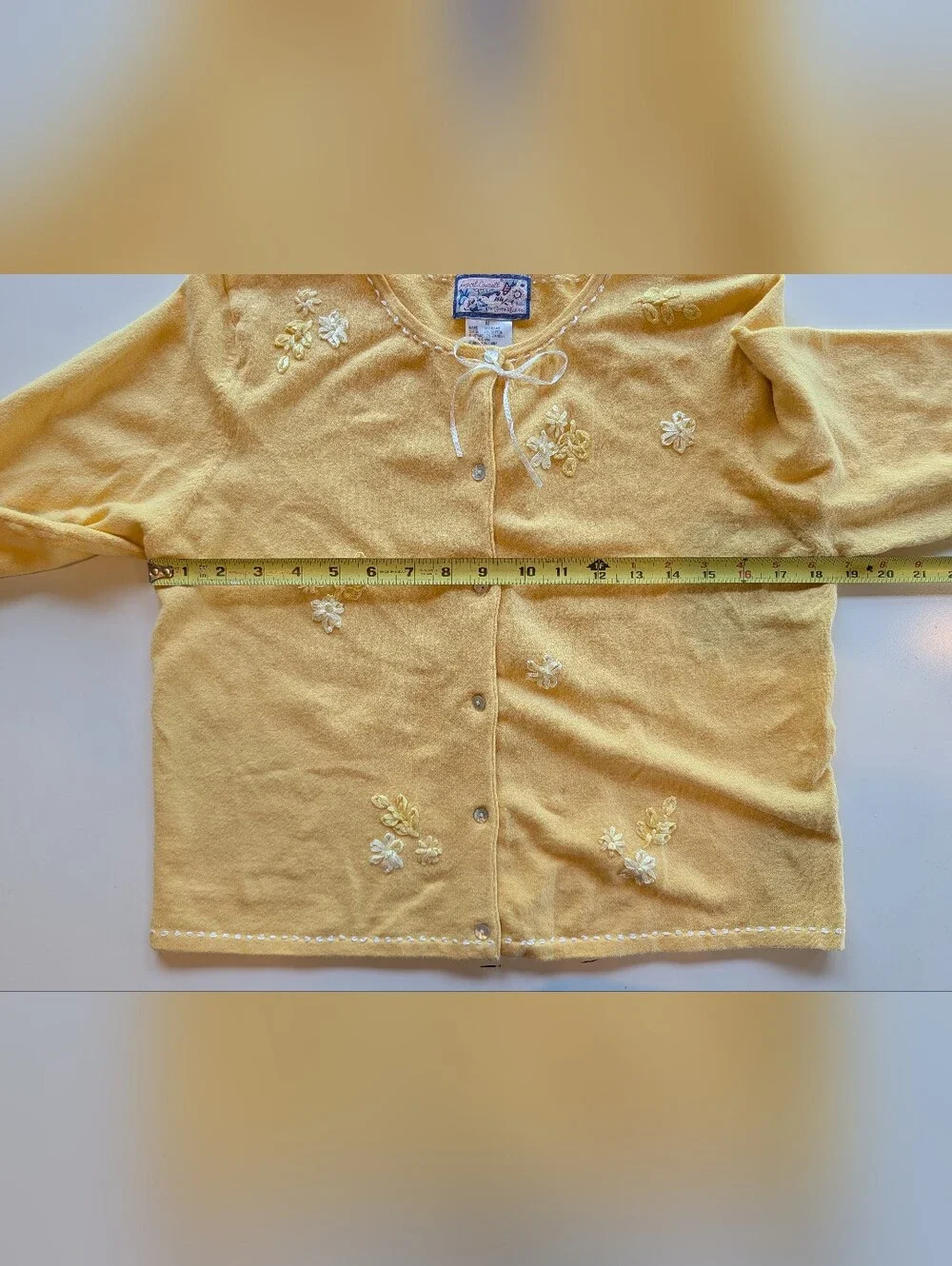 Vintage 90s April Cornell Cotton Ramie Butter Yellow Ribbon Trimmed Cardigan 💐
